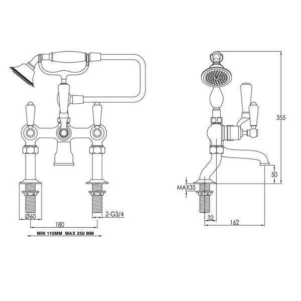 JTP Grosvenor Lever Antique Brass Deck Mounted Bath Shower Mixer Tap #2