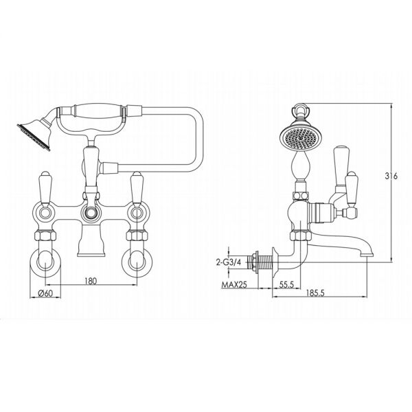 JTP Grosvenor Lever Chrome Wall Mounted Bath Shower Mixer Tap 85275WM