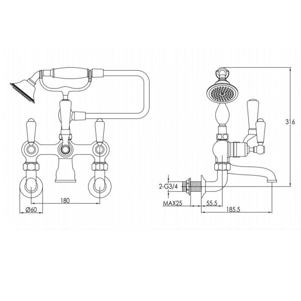 JTP Grosvenor Lever Antique Brass Wall Mounted Bath Shower Mixer Tap #2