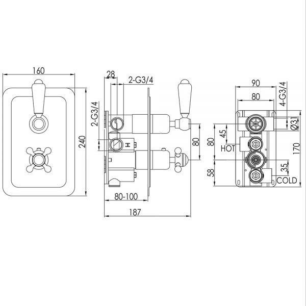 JTP Grosvenor Lever Nickel Two Outlet Thermostatic Shower Valve #2