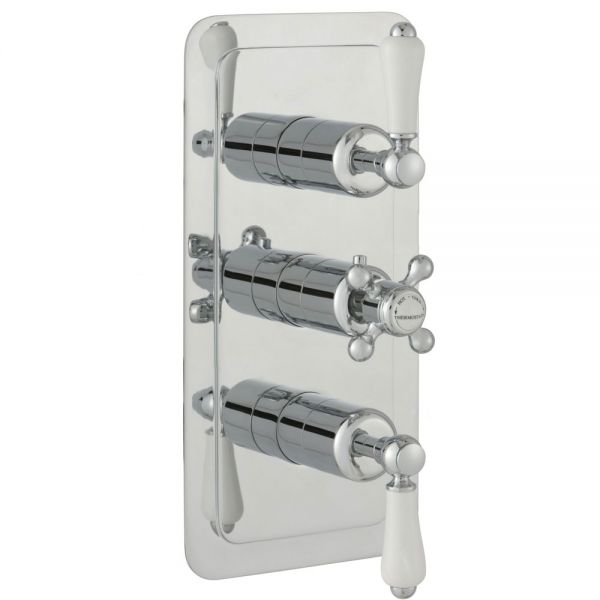 JTP Grosvenor Lever Chrome Vertical Two Outlet Three Handle Thermostatic Shower Valve