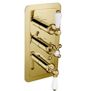 JTP Grosvenor Lever Antique Brass Vertical Two Outlet Three Handle Thermostatic Shower Valve