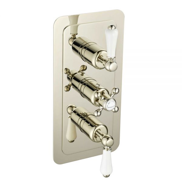 JTP Grosvenor Lever Nickel Vertical Two Outlet Three Handle Thermostatic Shower Valve