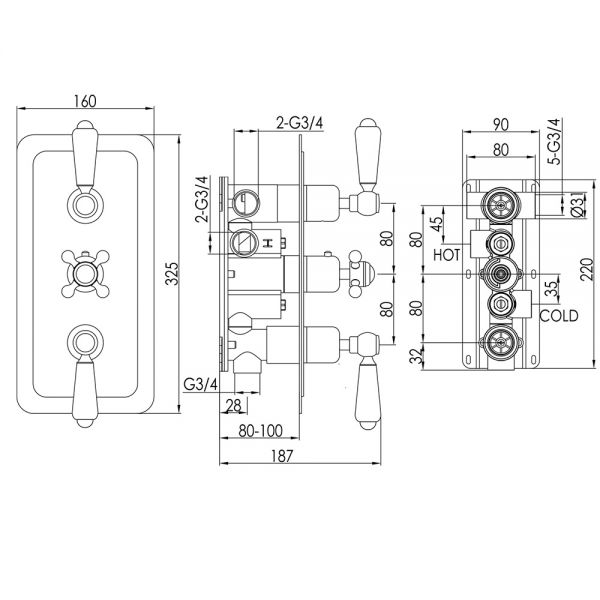JTP Grosvenor Lever Antique Brass Vertical Three Outlet Thermostatic Shower Valve #2