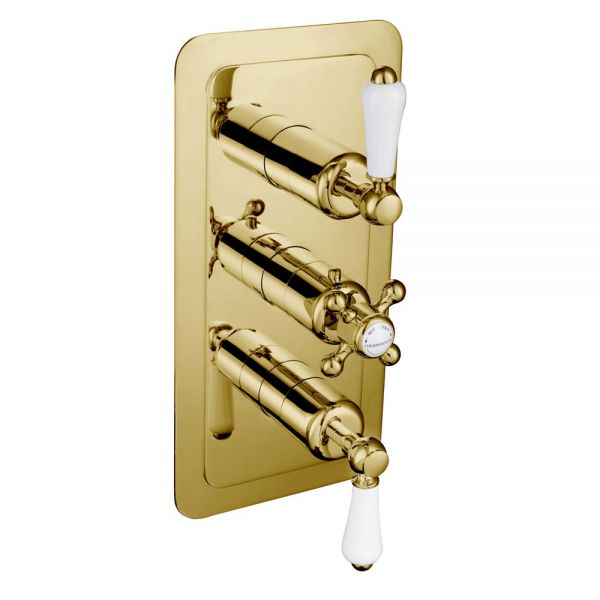 JTP Grosvenor Lever Antique Brass Vertical Three Outlet Thermostatic Shower Valve