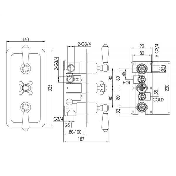 JTP Grosvenor Lever Antique Brass Horizontal Three Outlet Thermostatic Shower Valve #2