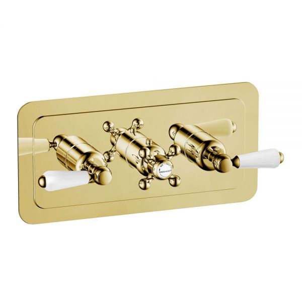 JTP Grosvenor Lever Antique Brass Horizontal Three Outlet Thermostatic Shower Valve