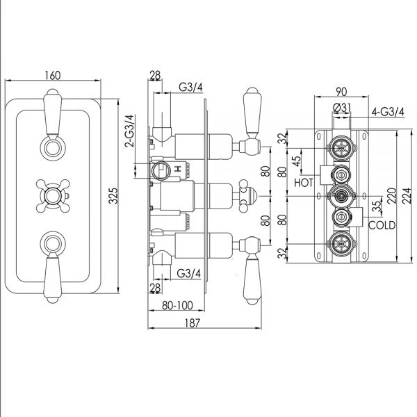 JTP Grosvenor Lever Antique Brass Horizontal Two Outlet Thermostatic Shower Valve #2