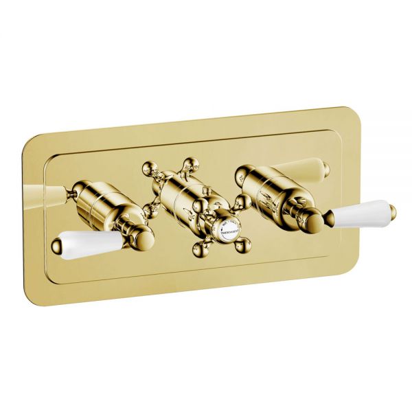 JTP Grosvenor Lever Antique Brass Horizontal Two Outlet Thermostatic Shower Valve