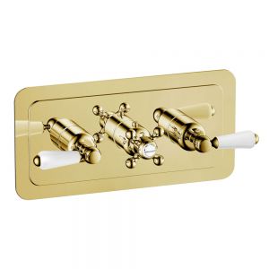 JTP Grosvenor Lever Antique Brass Horizontal Two Outlet Thermostatic Shower Valve