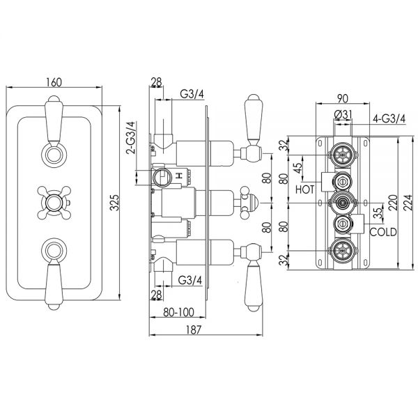JTP Grosvenor Lever Nickel Horizontal Two Outlet Thermostatic Shower Valve #2