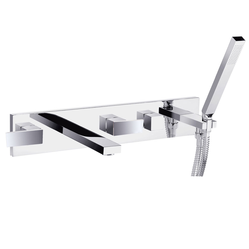 Modern 5-Hole Bath Shower Mixer Tap - Square Waterfall Design In Polished Chrome