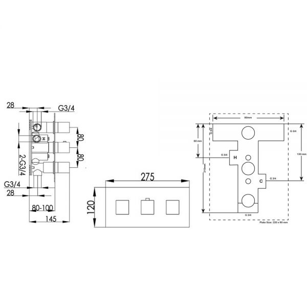 JTP Athena Chrome Horizontal Three Outlet Thermostatic Shower Valve #2