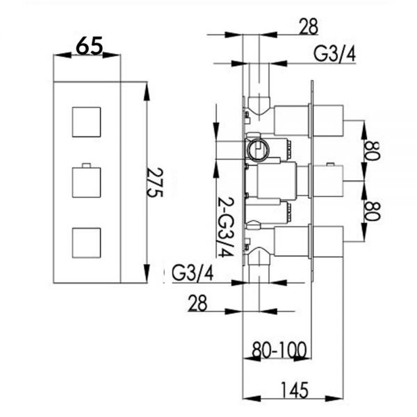 JTP Athena Chrome Slimline Vertical Two Outlet Three Handle Thermostatic Shower Valve #2