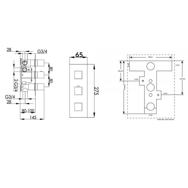 JTP Athena Chrome Slimline Vertical Three Outlet Thermostatic Shower Valve #2