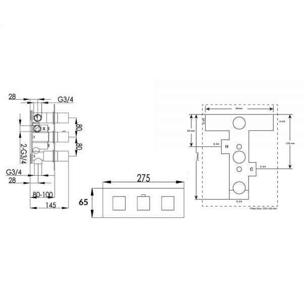 JTP Athena Chrome Slimline Horizontal Three Outlet Thermostatic Shower Valve #2