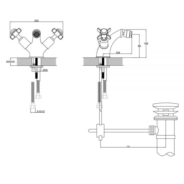 JTP Grosvenor Pinch Chrome Bidet Mixer Tap with Pop Up Waste #2