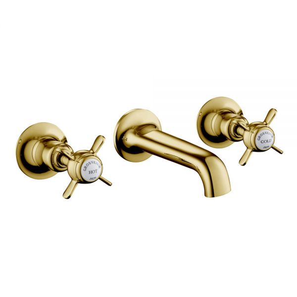 JTP Grosvenor Pinch Antique Brass 3 Hole Wall Mounted Basin Mixer Tap