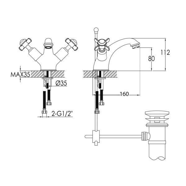 JTP Grosvenor Pinch Nickel Basin Mixer Tap with Pop Up Waste #2