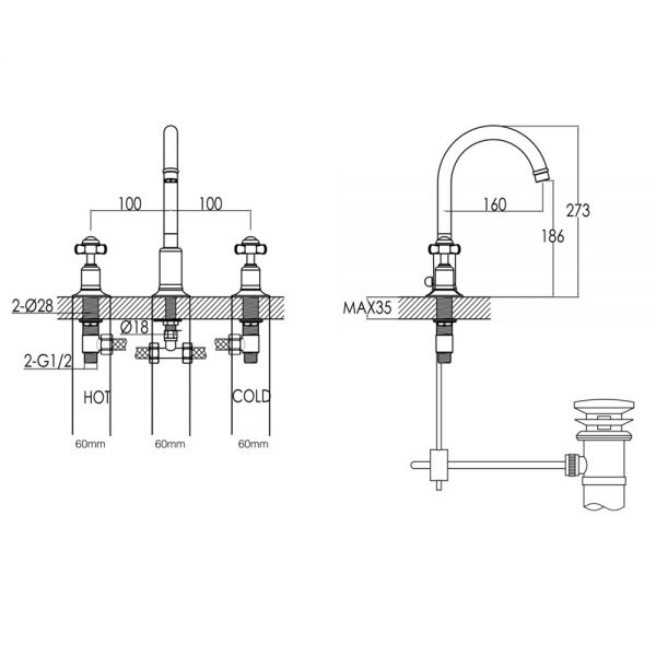 JTP Grosvenor Pinch Polished Gold 3 Hole Basin Mixer Tap with Pop Up Waste #2