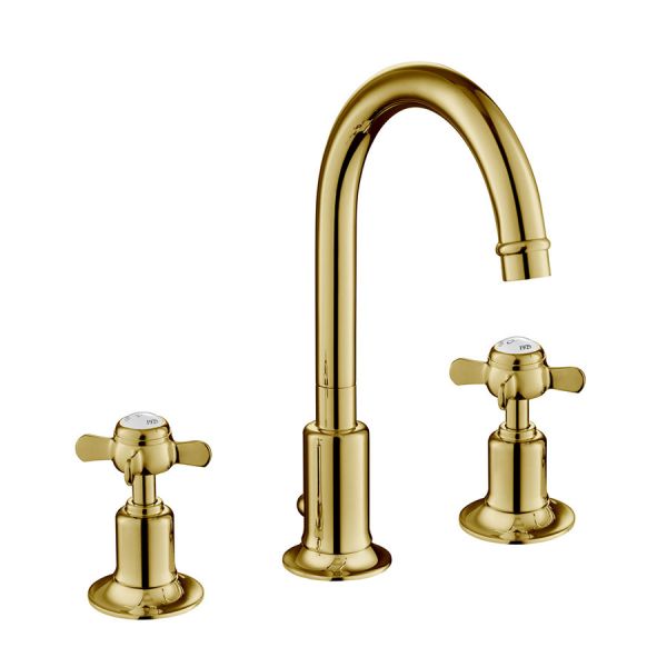 JTP Grosvenor Pinch Polished Gold 3 Hole Basin Mixer Tap with Pop Up Waste