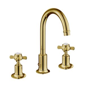 JTP Grosvenor Pinch Polished Gold 3 Hole Basin Mixer Tap with Pop Up Waste