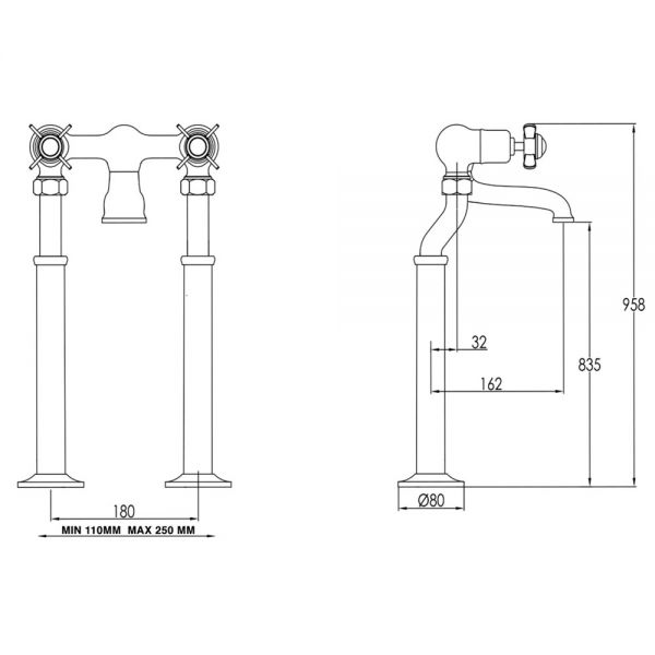 JTP Grosvenor Pinch Nickel Floor Standing Bath Filler Tap #2