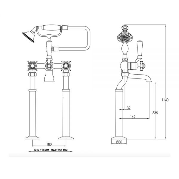 JTP Grosvenor Pinch Antique Brass Floor Standing Bath Shower Mixer Tap #2