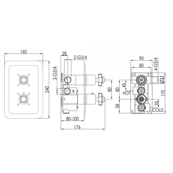 JTP Grosvenor Pinch Nickel Two Outlet Thermostatic Shower Valve #2