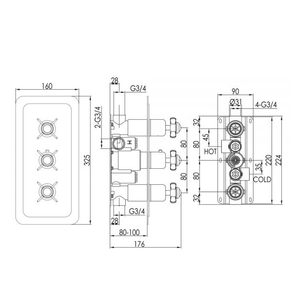 JTP Grosvenor Pinch Chrome Vertical Two Outlet Three Handle Thermostatic Shower Valve #2