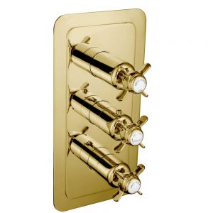 JTP Grosvenor Pinch Antique Brass Vertical Two Outlet Three Handle Thermostatic Shower Valve