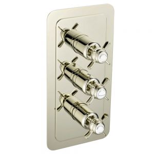 JTP Grosvenor Pinch Nickel Vertical Two Outlet Three Handle Thermostatic Shower Valve