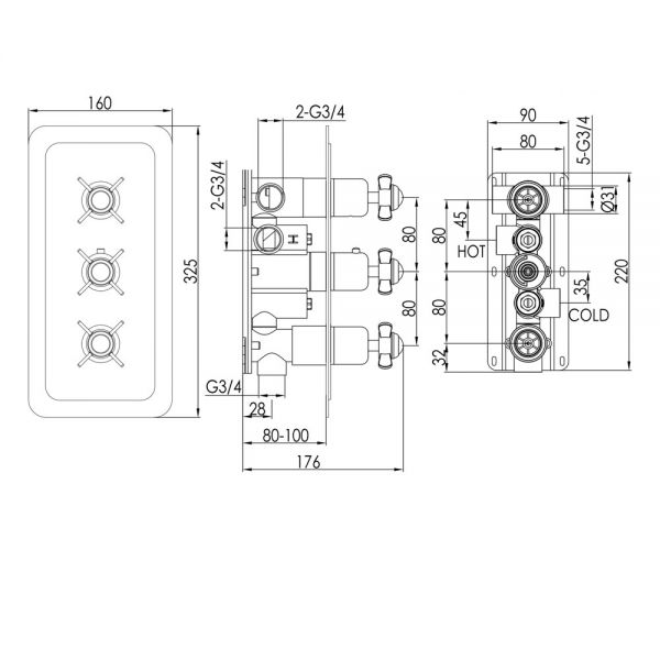 JTP Grosvenor Pinch Chrome Vertical Three Outlet Thermostatic Shower Valve #2