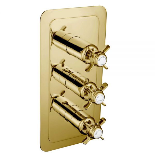 JTP Grosvenor Pinch Antique Brass Vertical Three Outlet Thermostatic Shower Valve