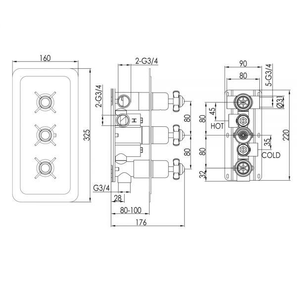 JTP Grosvenor Pinch Chrome Horizontal Three Outlet Thermostatic Shower Valve #2