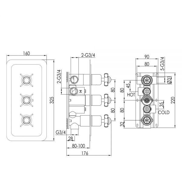 JTP Grosvenor Pinch Nickel Horizontal Three Outlet Thermostatic Shower Valve #2