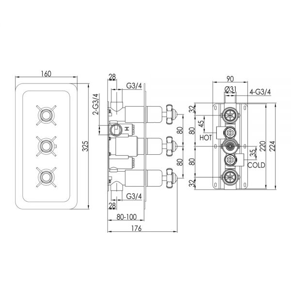 JTP Grosvenor Pinch Chrome Horizontal Two Outlet Thermostatic Shower Valve #2