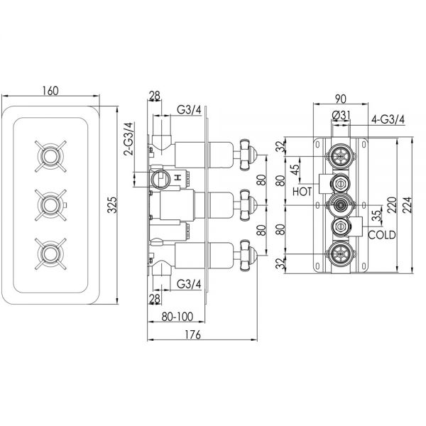 JTP Grosvenor Pinch Nickel Horizontal Two Outlet Thermostatic Shower Valve #2