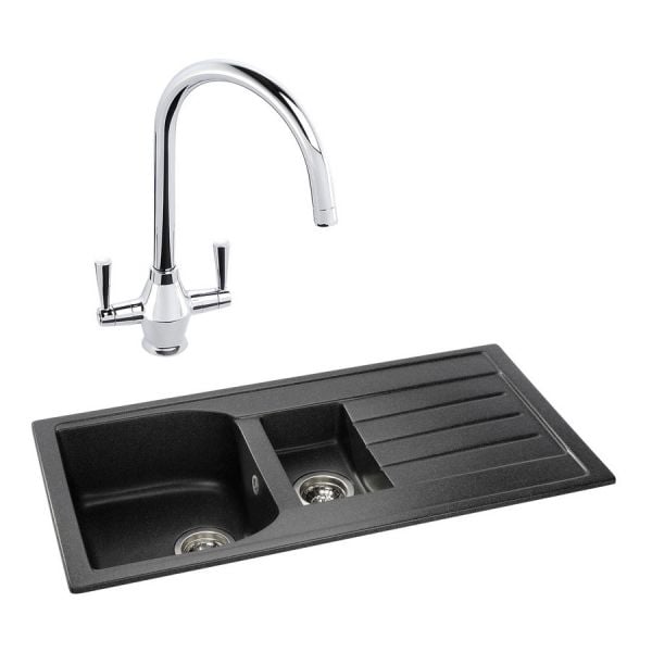 Abode Oriel Black Granite 1.5 Inset Kitchen Sink with Astral Mono Mixer Tap