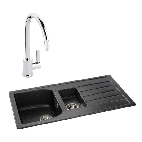 Abode Oriel Black Granite 1.5 Inset Kitchen Sink with Atlas Mono Mixer Tap