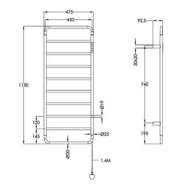 JTP Aero Brushed Black 1130 x 475 Electric Towel Rail #3