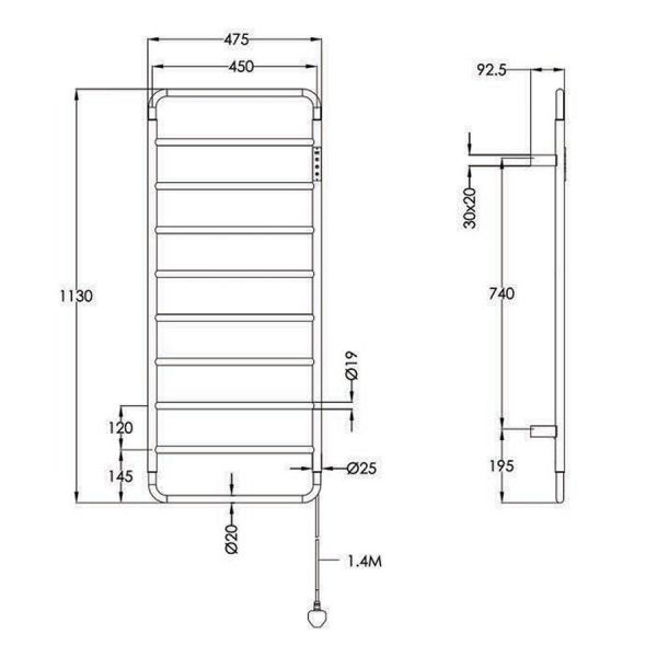 JTP Aero Brushed Brass 1130 x 475 Electric Towel Rail #3