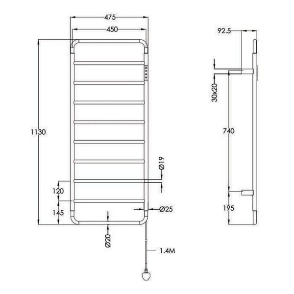 JTP Aero Matt Black 1130 x 475 Electric Towel Rail #3