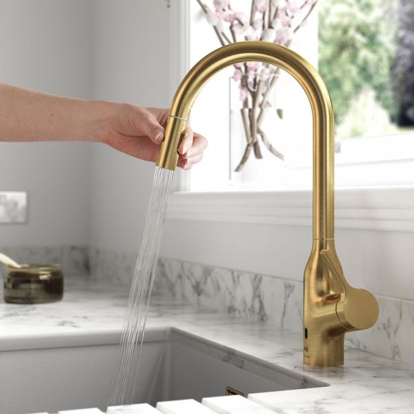 Clearwater Amelio Brushed Brass Pull Out Sensor Kitchen Sink Mixer Tap #4