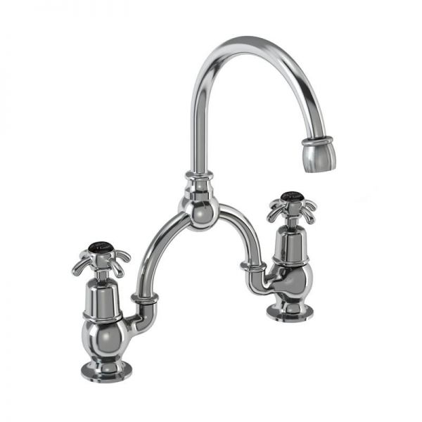 Burlington Anglesey Chrome Arched 2 Hole Basin Mixer Tap With Black Indices AN27 BLA
