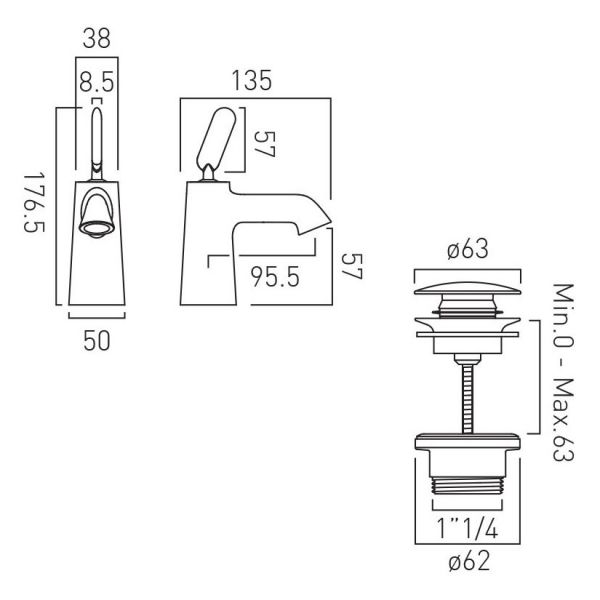 Vado Arrondi Chrome Mini Basin Mixer Tap with Universal Waste #3