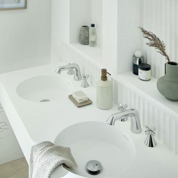 Vado Arrondi Chrome Deck Mounted 3 Hole Basin Mixer Tap with Cross Handles #3