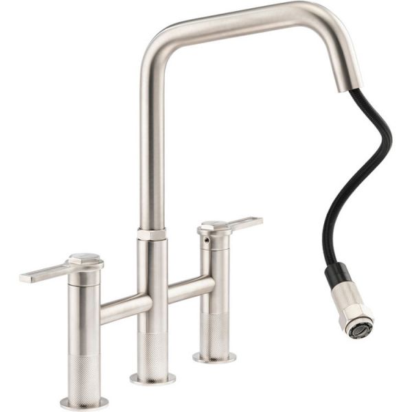 Abode Hex Brushed Nickel Bridge Dual Lever Kitchen Mixer Pull Out Tap #2