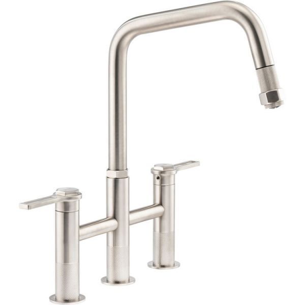 Abode Hex Brushed Nickel Bridge Dual Lever Kitchen Mixer Pull Out Tap