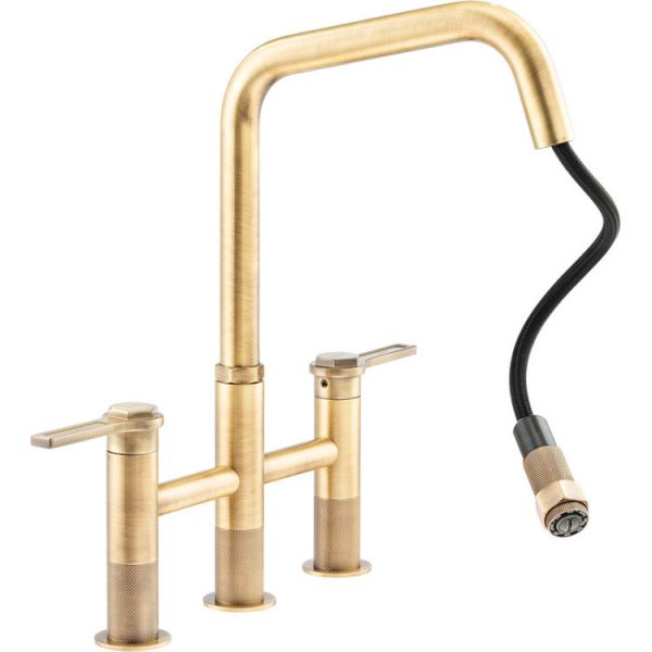 Abode Hex Antique Brass Bridge Dual Lever Kitchen Mixer Pull Out Tap #2